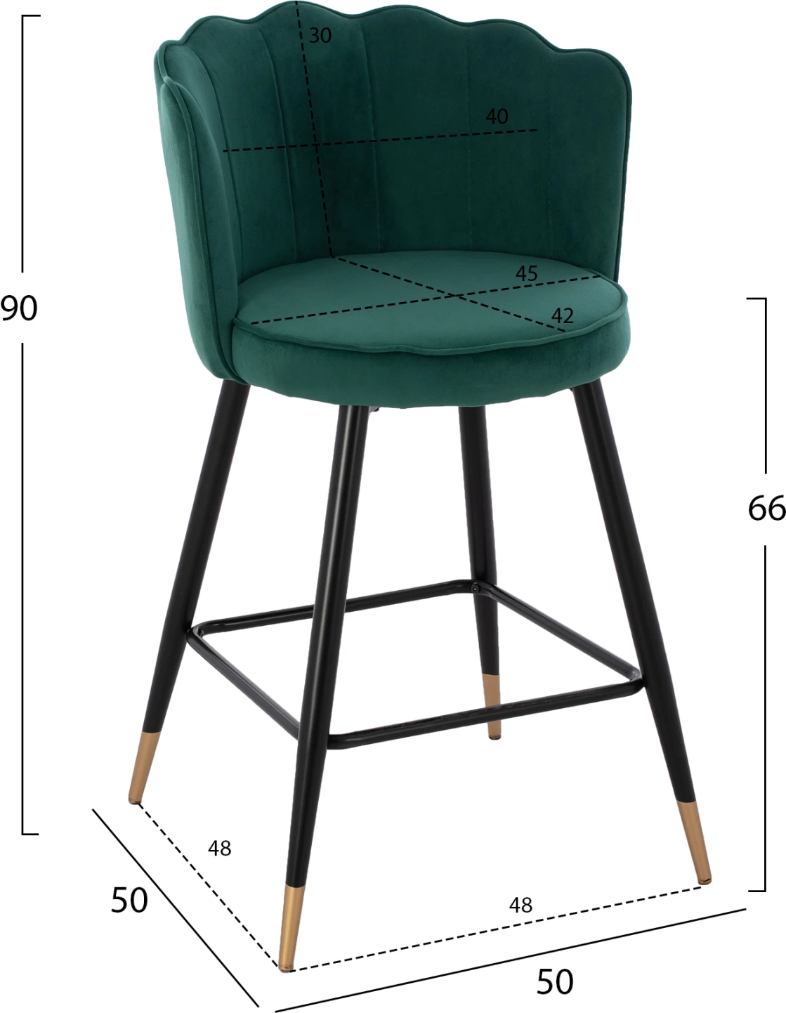 Karrige për bar mesatare, FH8736.03, kadife e gjelbër, kornizë metalike, 50x50x90 cm