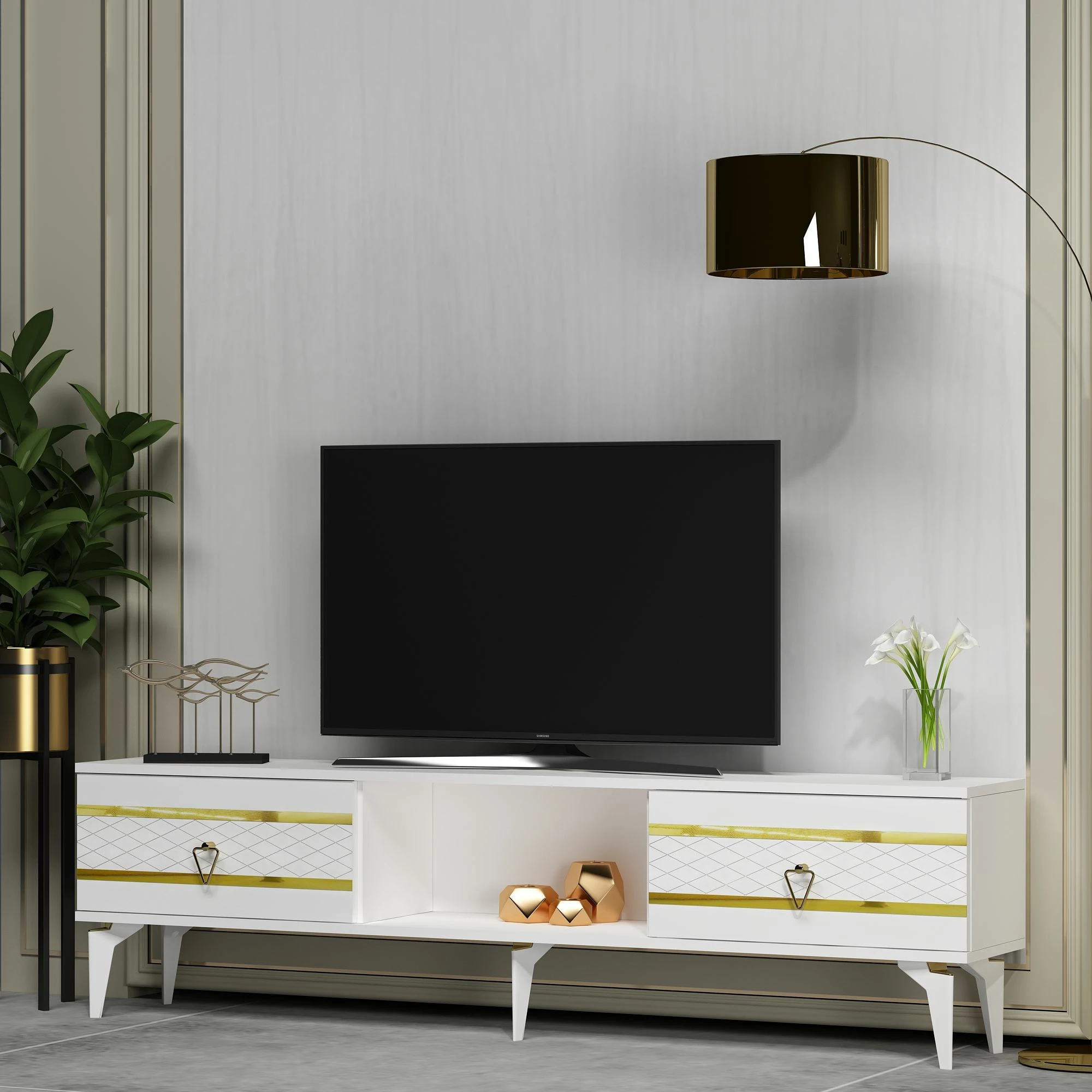 Komodë TV, ngjyrë e bardhë dhe ari, Skye Decor