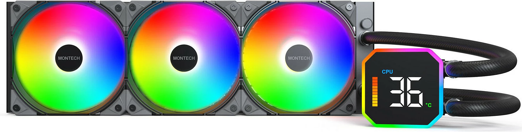 Ftohës uji AIO Montech HyperFlow Digital 360, radiator 360mm, 3x120mm RGB, 129.5 m³/h, i zi