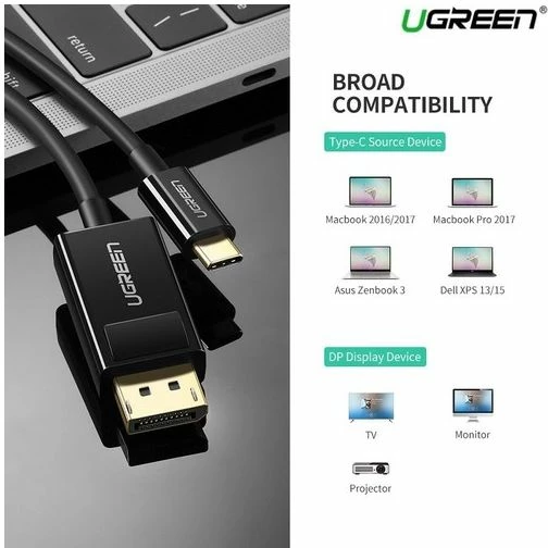Kabllo USB-C në DisplayPort UGREEN 50994 1.5m 4K@30Hz e zezë, polybag