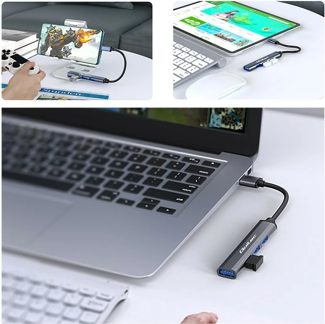 HUB USB-C Qoltec 53792, 4 porte (1x USB 3.0, 3x USB 2.0), grafit