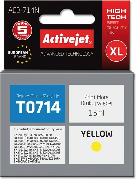 Ngjyrë zëvendësuese Activejet AEB-714 për printer Epson, 15 ml, e verdhë