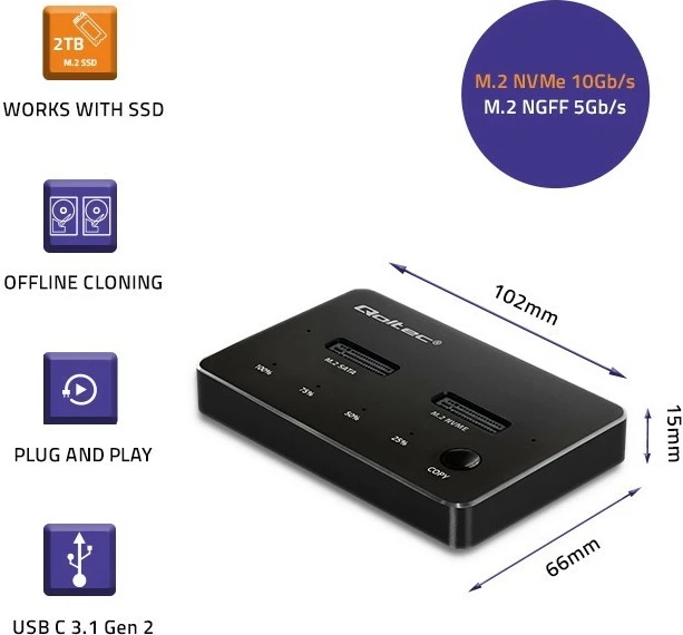 Stacion dokimi SSD M.2 Qoltec 52274, NVMe/SATA, USB-C, 2x2TB, i zi