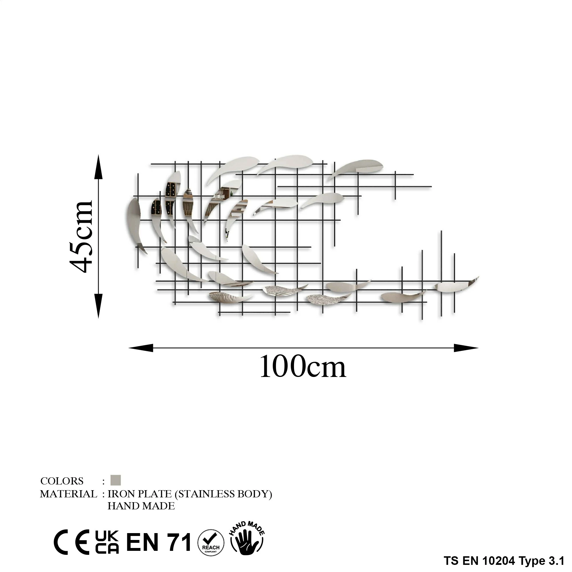 Aksesor dekorativ muri prej metali Wallity, Sheen - 3, shumëngjyrësh, 100x45x4 cm
