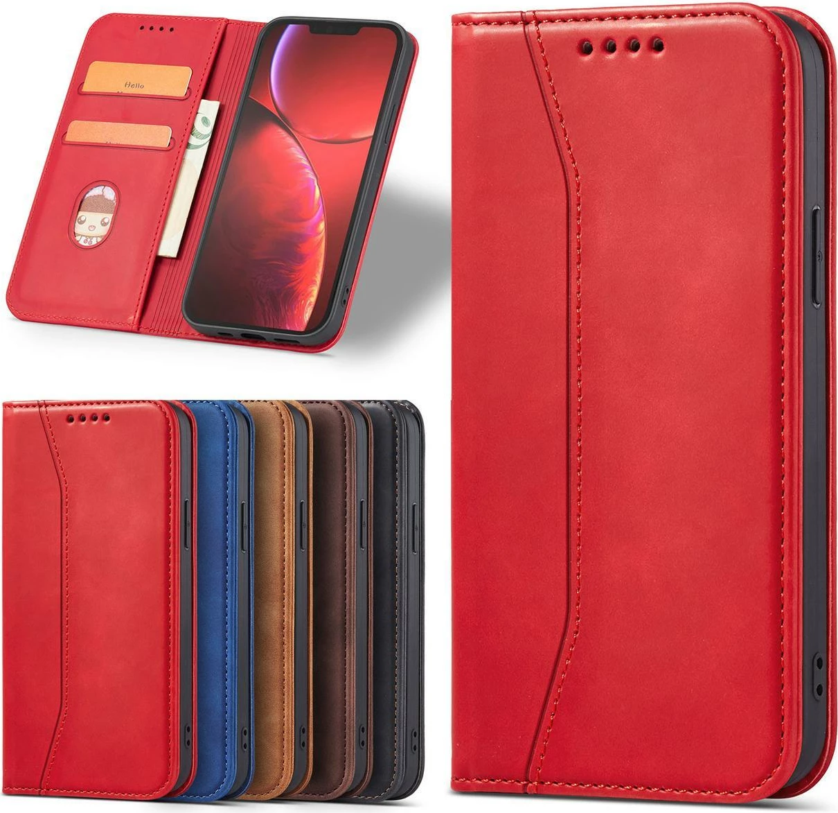 Mbështjellës Hurtel Magnet Fancy Case për iPhone 14 Pro Max, me portofol dhe mbajtëse, Kuq