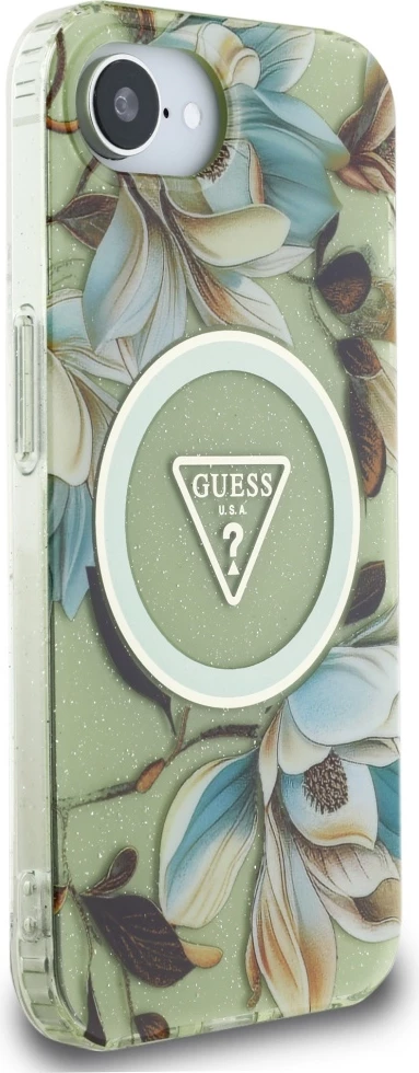 Mbështjellës Guess IML Metal Glitter Flowers Triangle MagSafe për iPhone 16e, Gjelbër