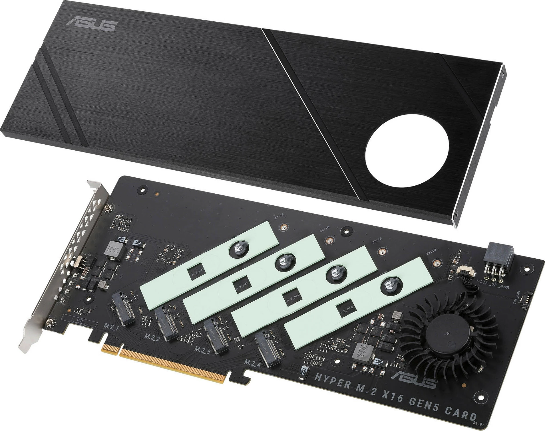 Kartë zgjerimi PCIe ASUS Hyper M.2 x16 Gen5 Card, PCIe 5.0, 4x M.2 NVMe, ftohje aktive, e zezë