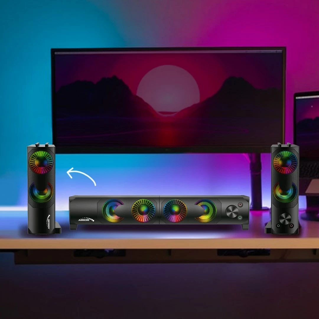 Kasë altoparlantë AUDIOCORE AC955 me RGB LED, 2x3W, USB, AUX 3.5mm, e zezë