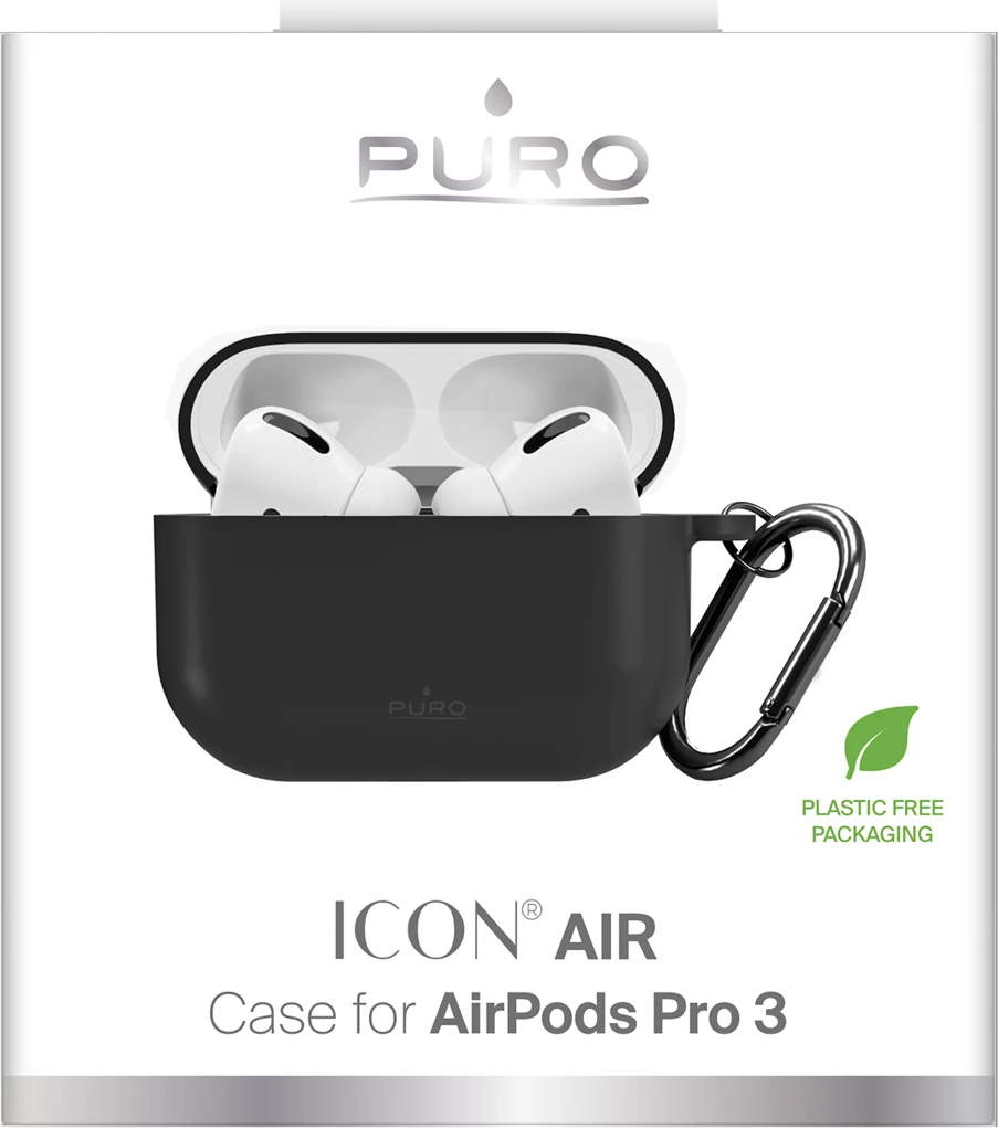 Mbështjellës silikoni Puro Icon për AirPods Pro 3, me karabinë, i zi, në kuti