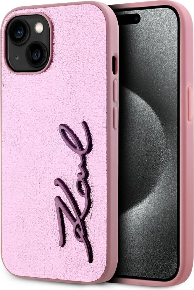 Mbështjellës Karl Lagerfeld Wrinkled Metal Signature për iPhone 15, Rozë