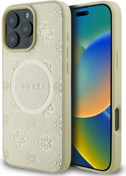 Mbështjellës Guess Saffiano Peony Classic Logo MagSafe për iPhone 16 Pro, ari
