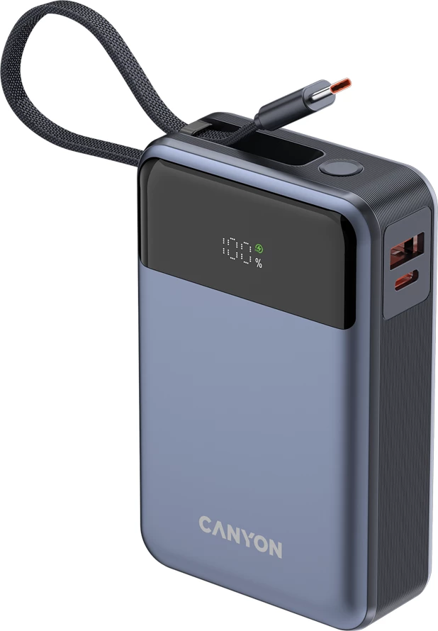 Power bank CANYON OnPower 600 20000 mAh PD 65W me kabllo Type-C të integrume, gri e errët