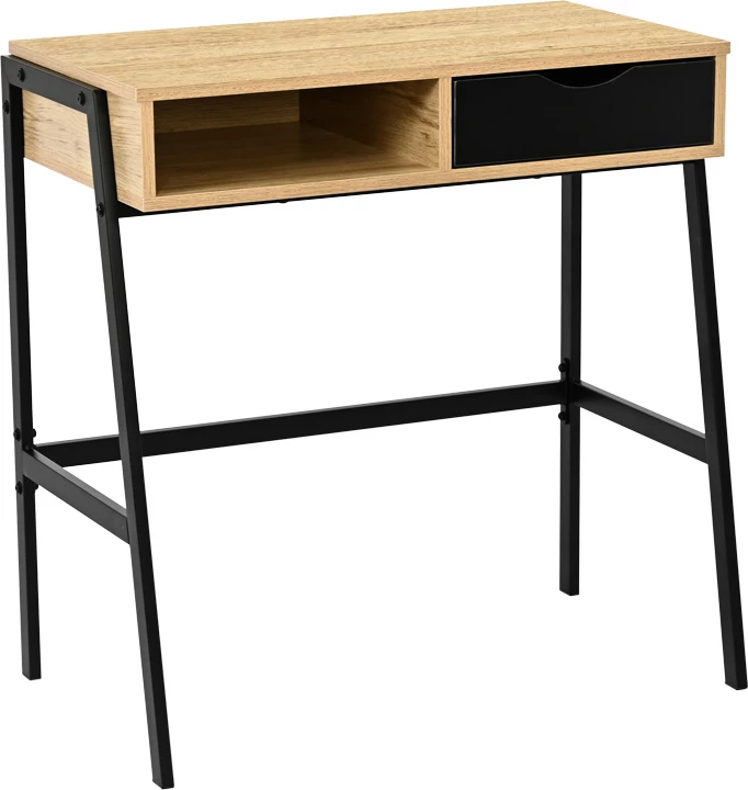 Tavolinë zyre me raft dhe sirtar Rezio, ngjyrë lisi, këmbë metalike të zeza, 75x45x76cm