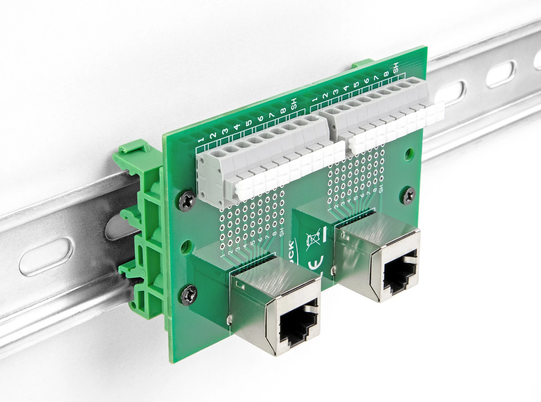 Adapter rrjeti DeLOCK RJ45 2x Female në Terminal Block, montim DIN rail, 90°, jeshil/gri