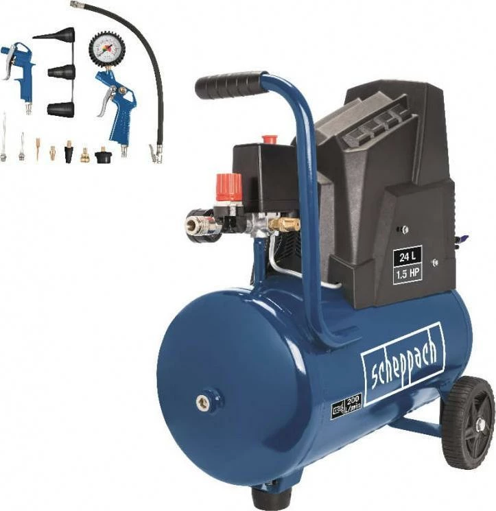 Kompresor ajri Scheppach HC30o SCH5906146901, 24L, 8 bar, 200 L/min, 1100 W, blu, me set 13 copë + zorrë spirale 5 m