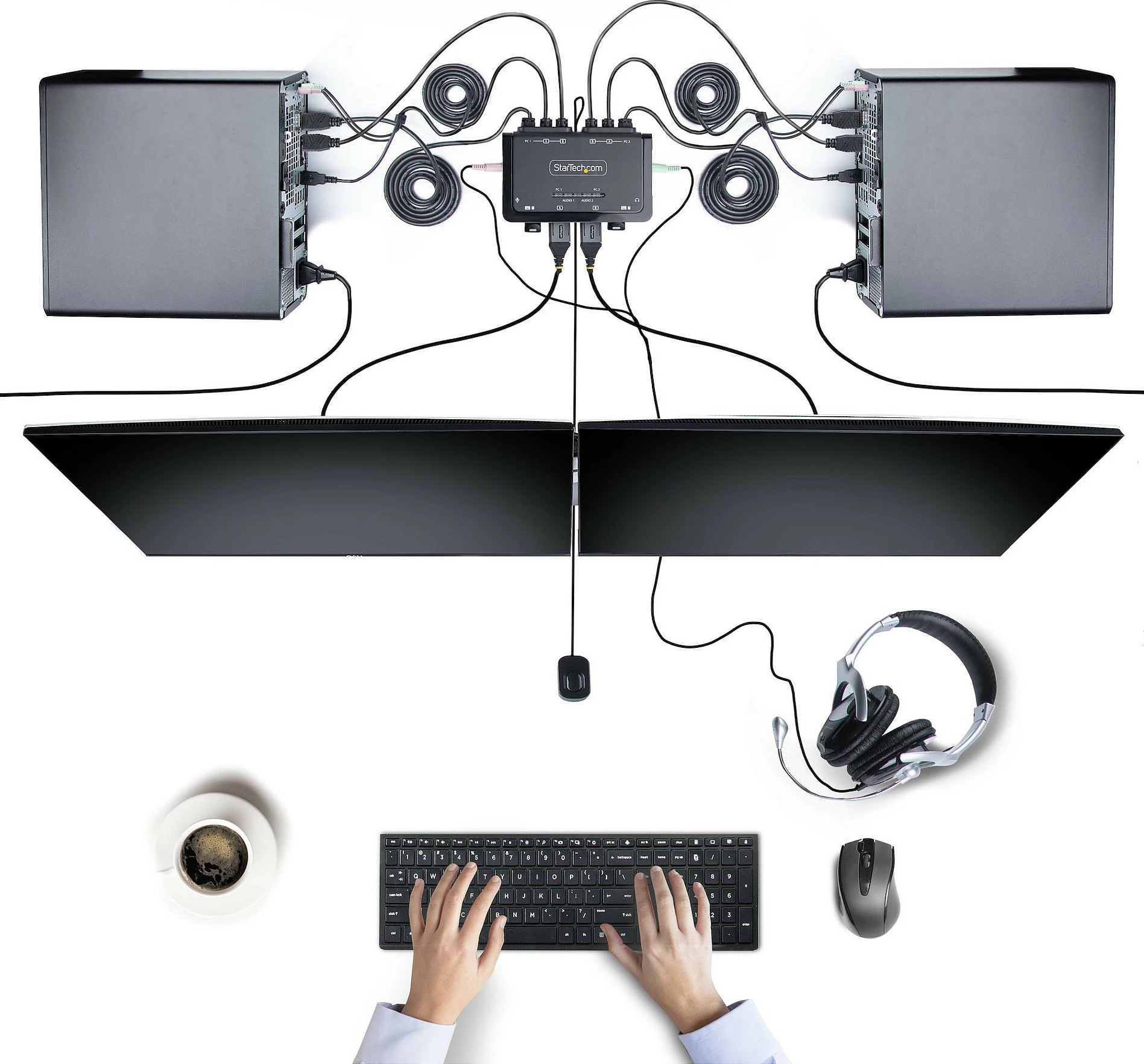Switch KVM StarTech 2-Port Dual Monitor HDMI, 4K 60Hz, kabllo të integrume 1.5m, i zi
