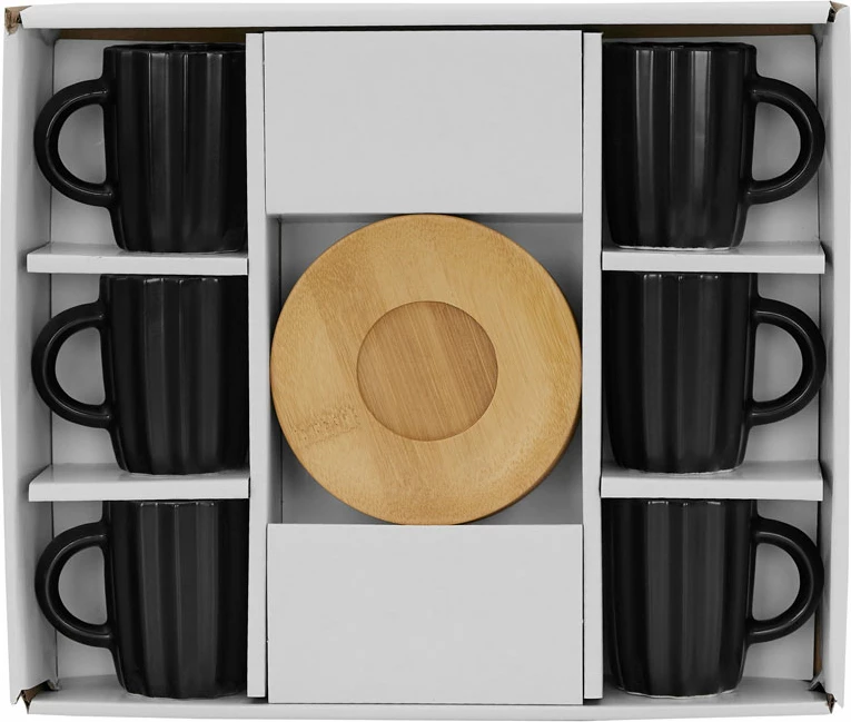 Set filxhanësh espresso Cactus, 6 copë, porcelan i zi, bambu natyral, 27x22x6cm