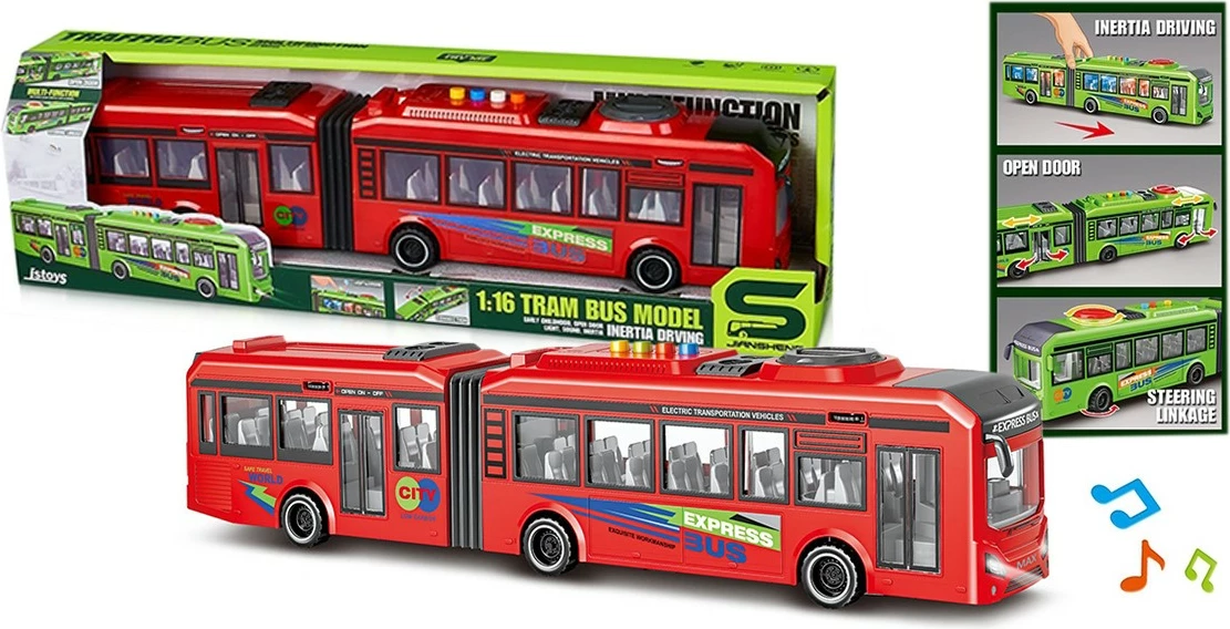 Autobus me dy seksione lodër, Artyk, 187360, shkallë 1:16, drejtim me disk në çati, drita e tinguj, me inerci, bateri AG13, Mix