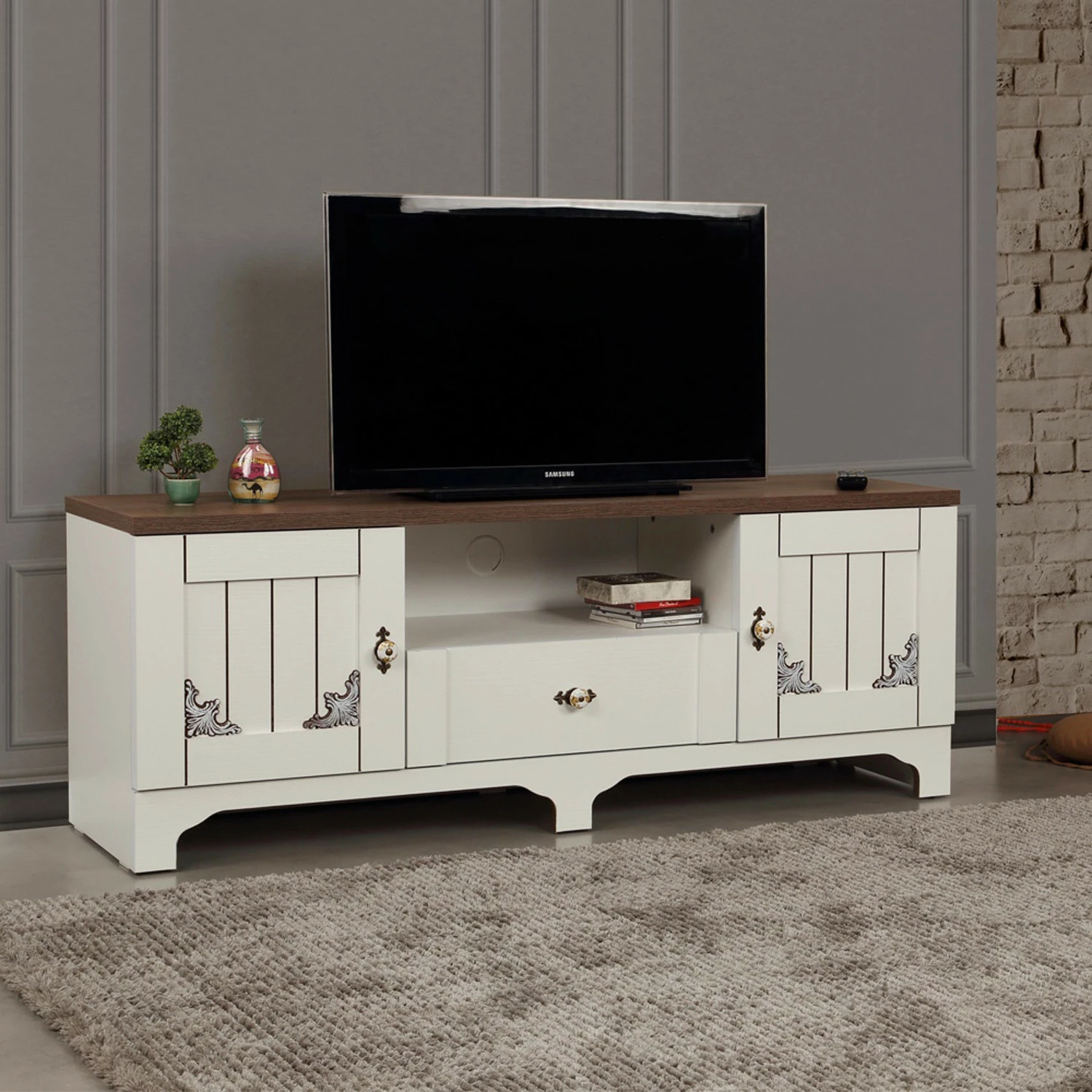 Komodë TV Hanah Home, Gazel 140, e bardhë dhe kafe