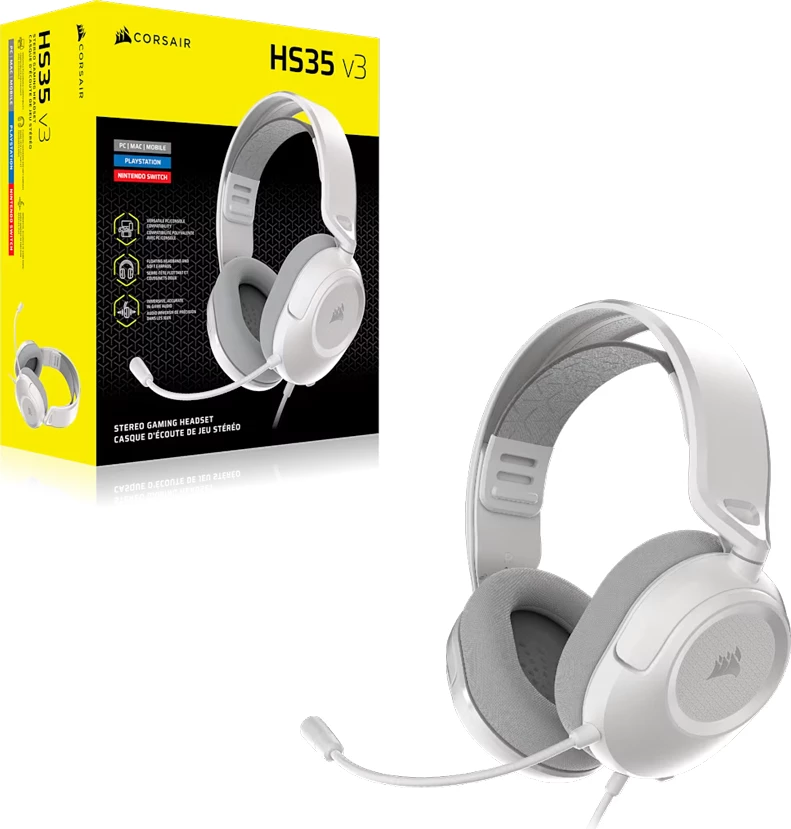 Kufje gaming CORSAIR HS35 Stereo V3, me kabllo 1.8 m, 3.5 mm, stereo, 50 mm, mikrofon, të bardha