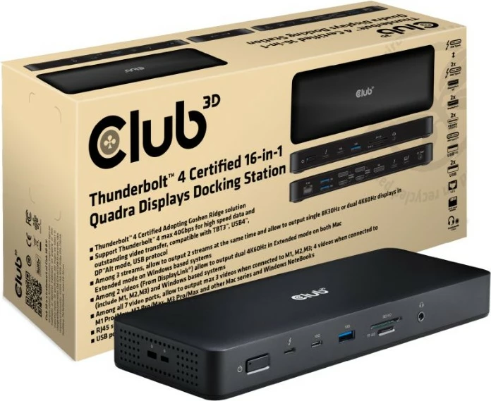 Docking station Club3D Thunderbolt4 16-in-1, 4 porta Thunderbolt, 3x DisplayPort, 2x HDMI, 1TB LAN, 3x USB-A, 1x USB-C, e zezë