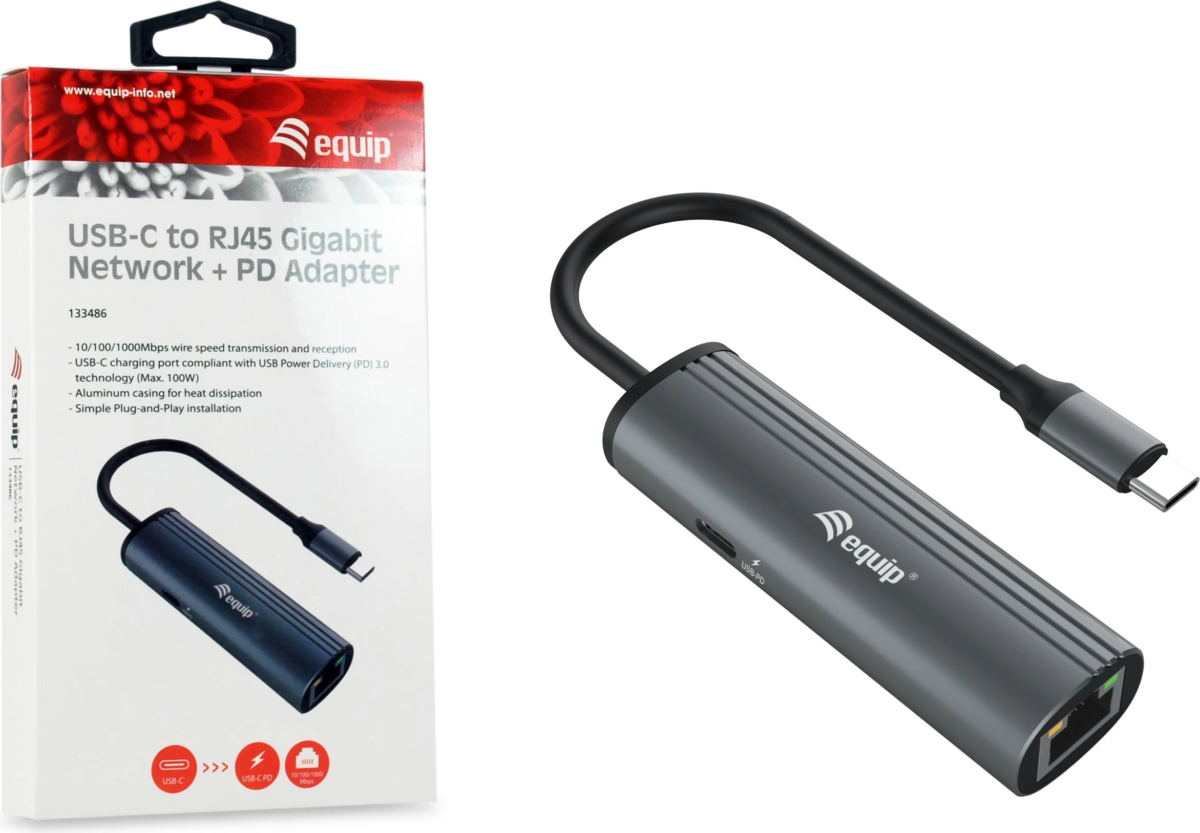 Adapter USB-C në RJ45 Gigabit me Power Delivery 100W, Equip, i zi/gri