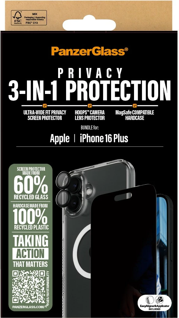Mbrojtës ekrani PanzerGlass për iPhone 16 Plus, 3-në-1, privatësi, transparent