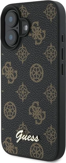 Mbështjellës Guess Peony Script MagSafe për iPhone 16 Plus, lëkurë eko, i zi