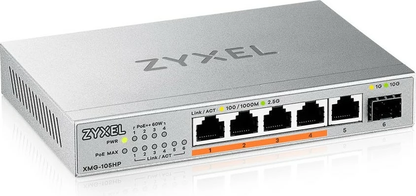 Switch Zyxel XMG-105HP, 2.5G Ethernet, PoE, Silver
