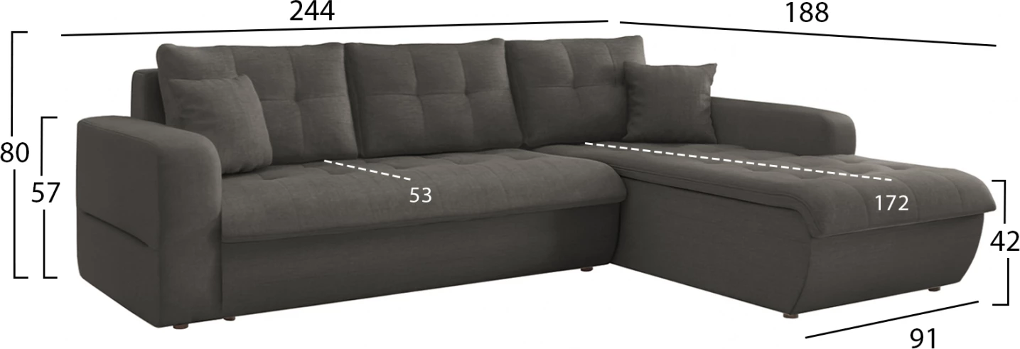 Kënd-sofëbëd KANSO, kënd i djathtë, material gri, FH3338.01R, 244x188x80cm
