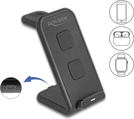 Stacion karikimi wireless DeLOCK 66941, 3-në-1, 15W, USB-C, i zi