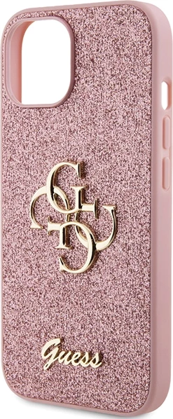 Mbështjellës Guess Glitter Script Big 4G për iPhone 15, Rozë