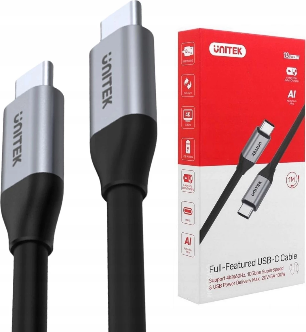 Kabllo USB-C në USB-C Unitek C14082ABK 1 m USB 3.1 Gen 2 10 Gbps PD 100 W 4K@60Hz, gri