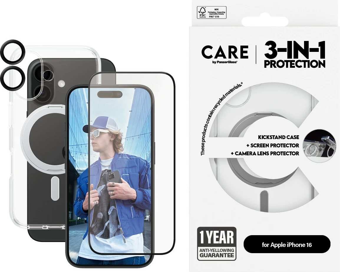 Mbështjellës PanzerGlass për iPhone 16, 3-në-1, transparent