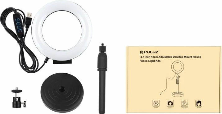 Llambë unazë LED Puluz PU391 me bazë të rregullueshme, 6.5W, tripod i vogël, e bardhë