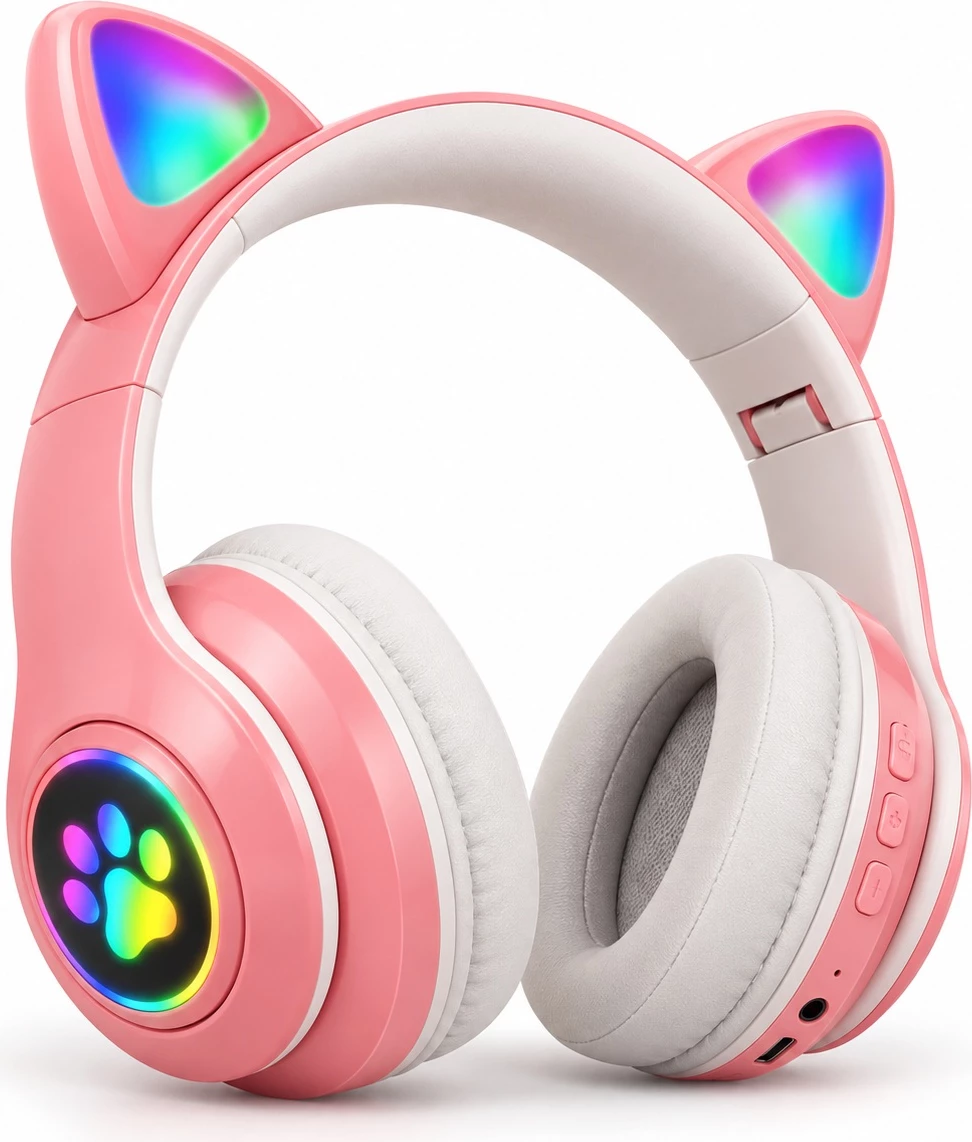 Kufje Wireless B39M Cat Ear me RGB, Bluetooth 5.0 dhe 400 mAh – Rozë