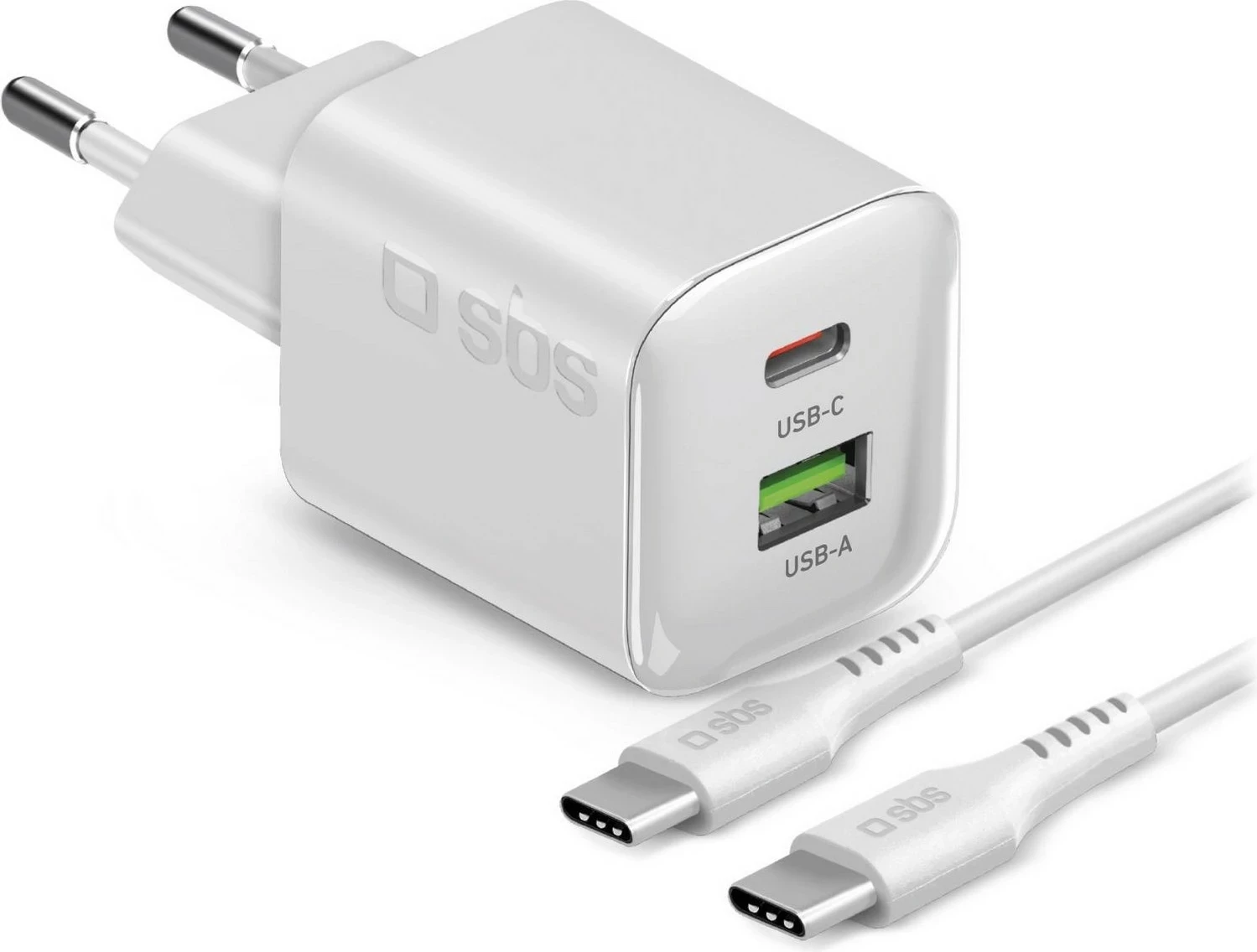 Karikues rrjeti SBS 30W GaN, 1x USB-C, 1x USB-A, me kabllo USB-C 1.5m, bardhë