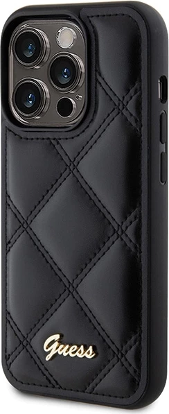 Mbështjellës Guess Quilted Metal Logo për iPhone 15 Pro, i zi