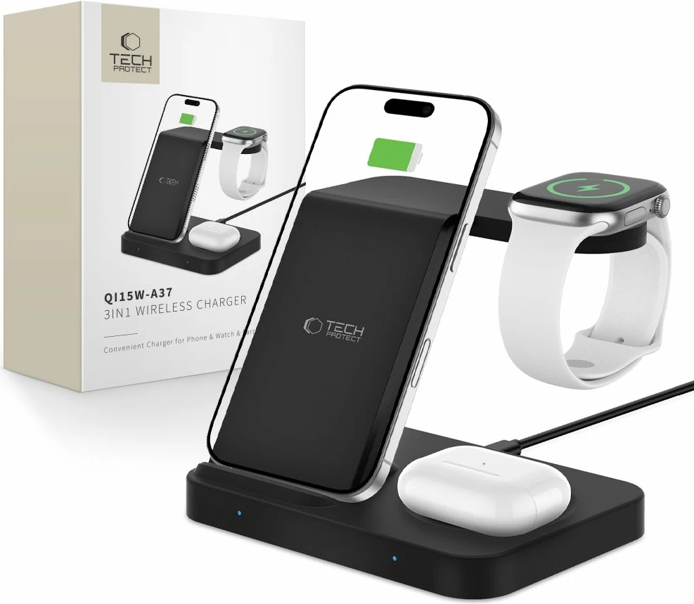 Karikues wireless 3-në-1 Tech-Protect QI15W-A37, 15W, i zi