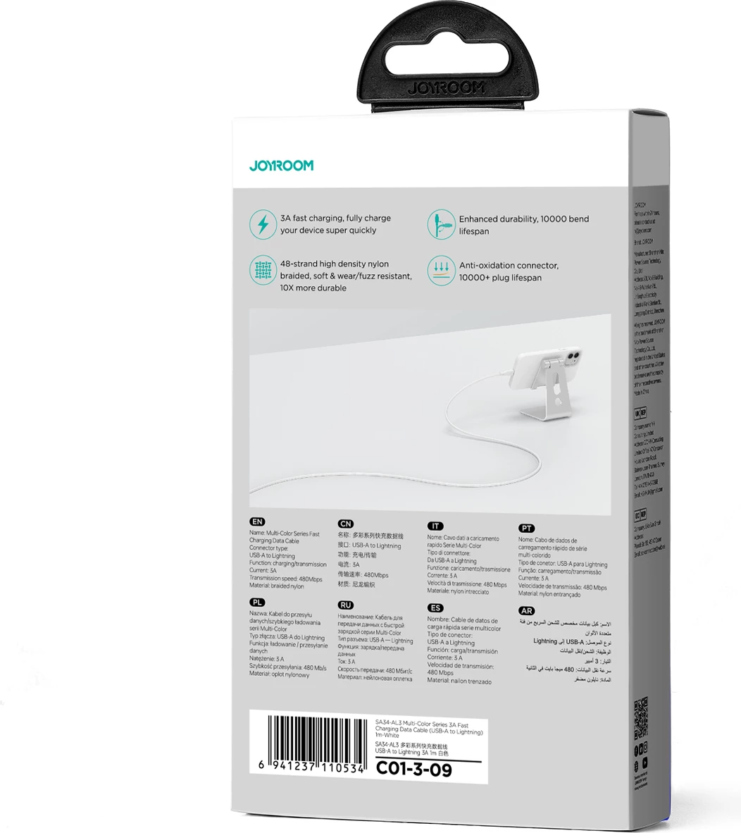 Kabllo Joyroom Multi-Color Series S-A34, USB-A në Lightning, 1m, 3A, Bardhë