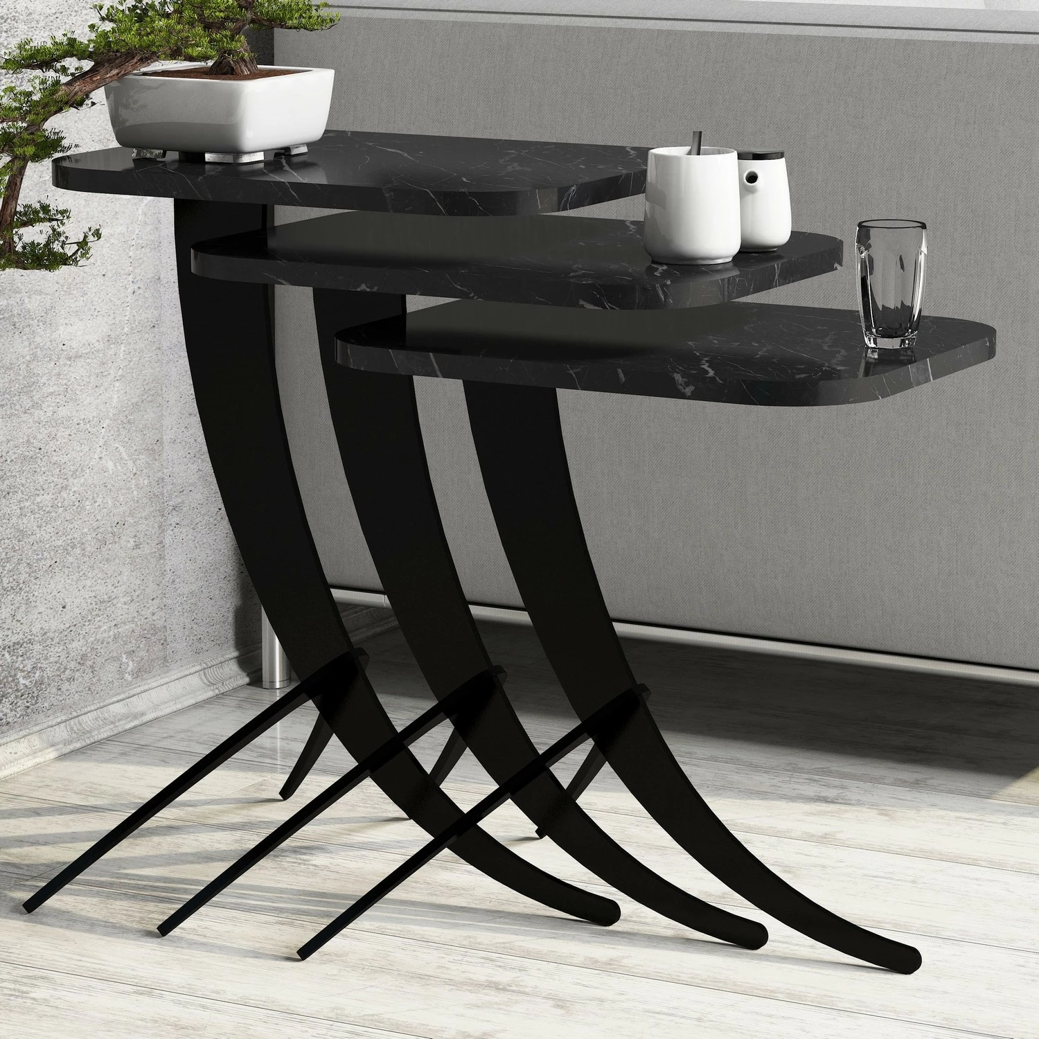 Set tavolinash ndihmëse (3 copë), Hanah Home, Pion - mermer i zi