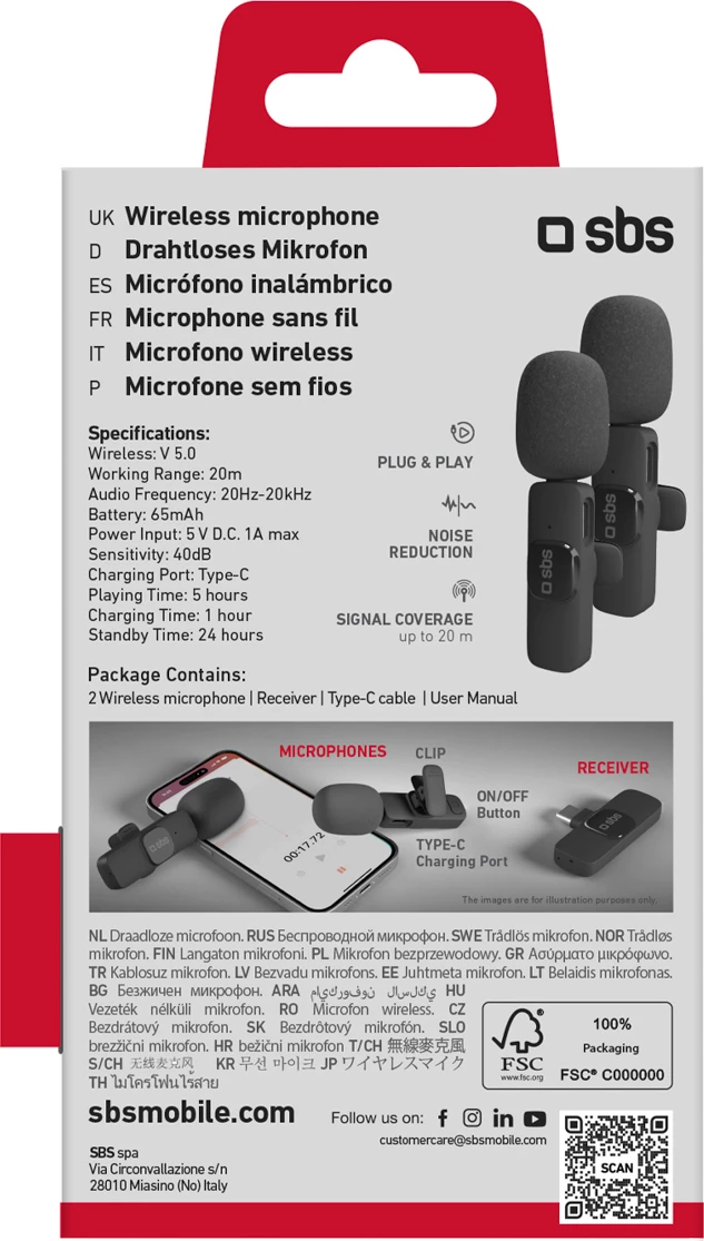 Kit mikrofonë pa tela, SBS, me marrës USB-C, për incizim video/audio, set 2-copë, e zezë