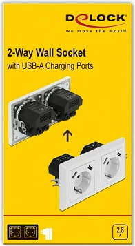 Prizë muri DeLOCK 2x CEE 7/3 me 4x USB-A 2.8A, 250V 16A, e bardhë