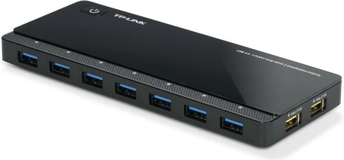 Hub USB, TP-Link UH720, 7x USB 3.0, 2 porta karikimi të shpejtë, me furnizim energjie, e zezë