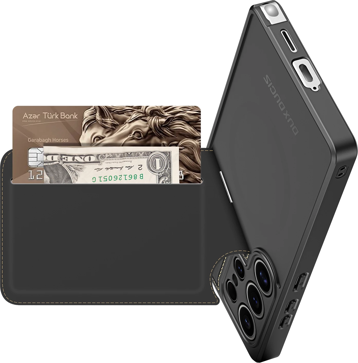 Mbështjellës Dux Ducis Rafi II për Samsung Galaxy S25 Ultra, me stand dhe xhepa për kartela, i zi