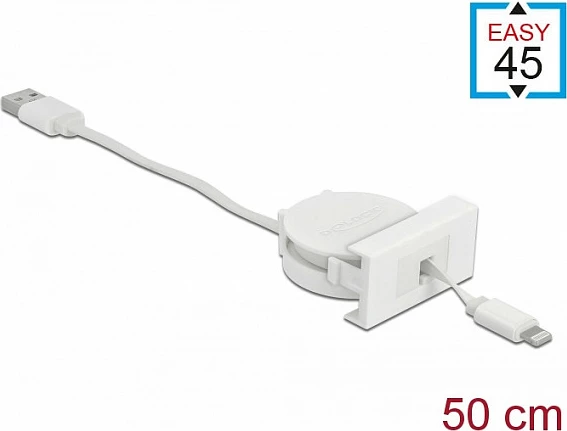 Kabllo USB-A në Lightning DeLOCK Easy 45, tërheqëse 0.62 m, USB 2.0, e bardhë