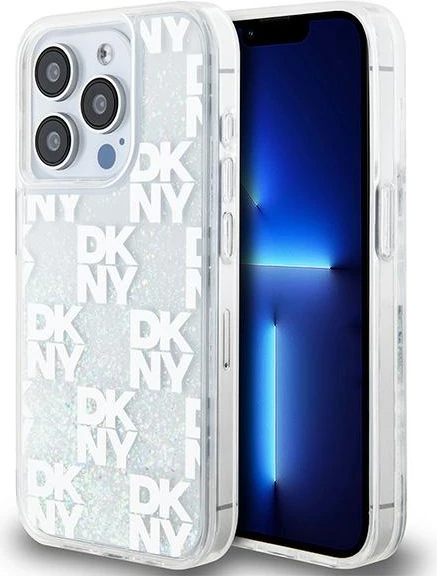 Mbështjellës DKNY Liquid Glitter Multilogo për iPhone 15 Pro, i bardhë