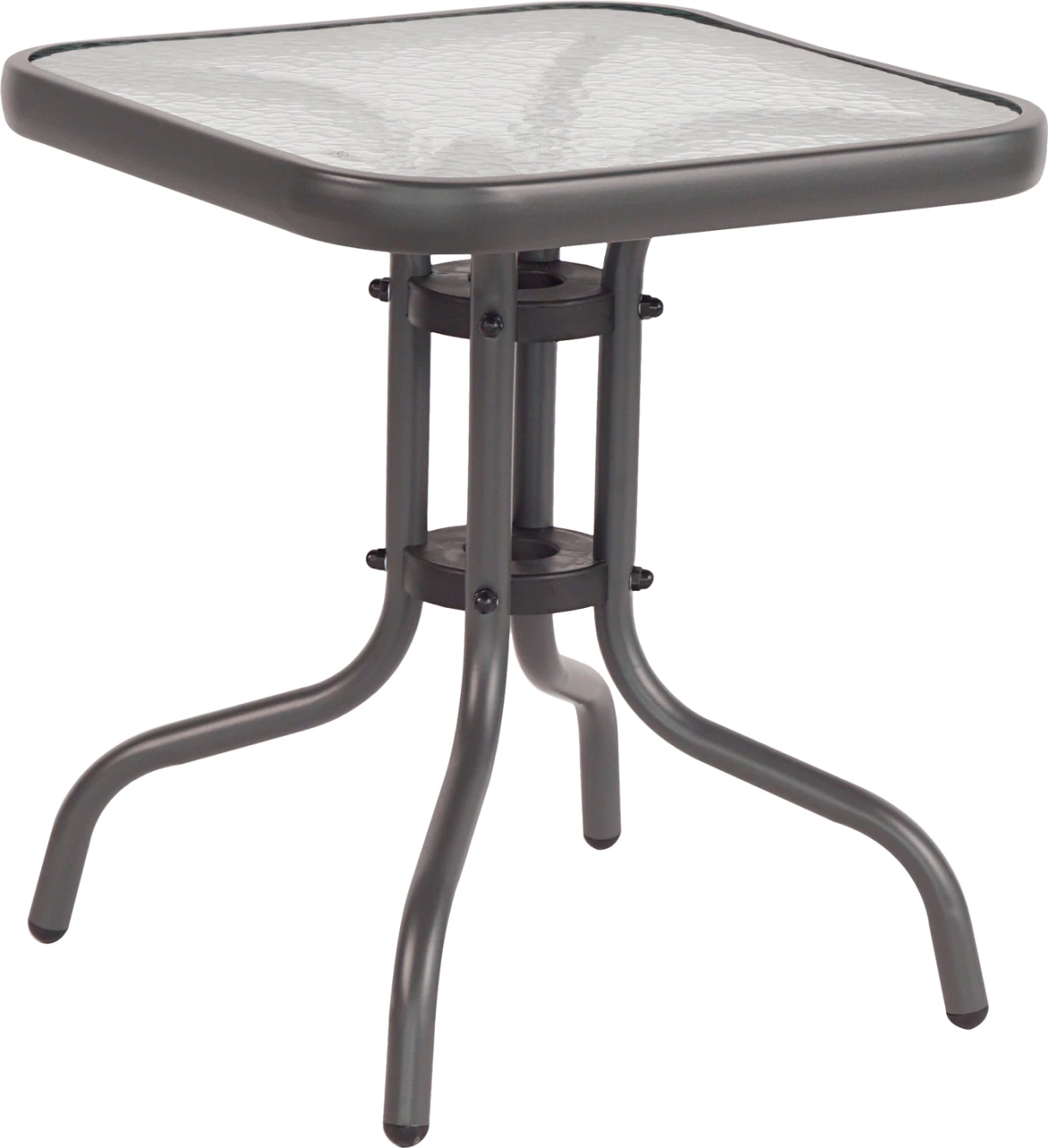 Tavolinë kafeje FIGO FH6067.01 metalike, ngjyrë gri, sipërfaqe xhami të kalitur, 45x45x50H cm