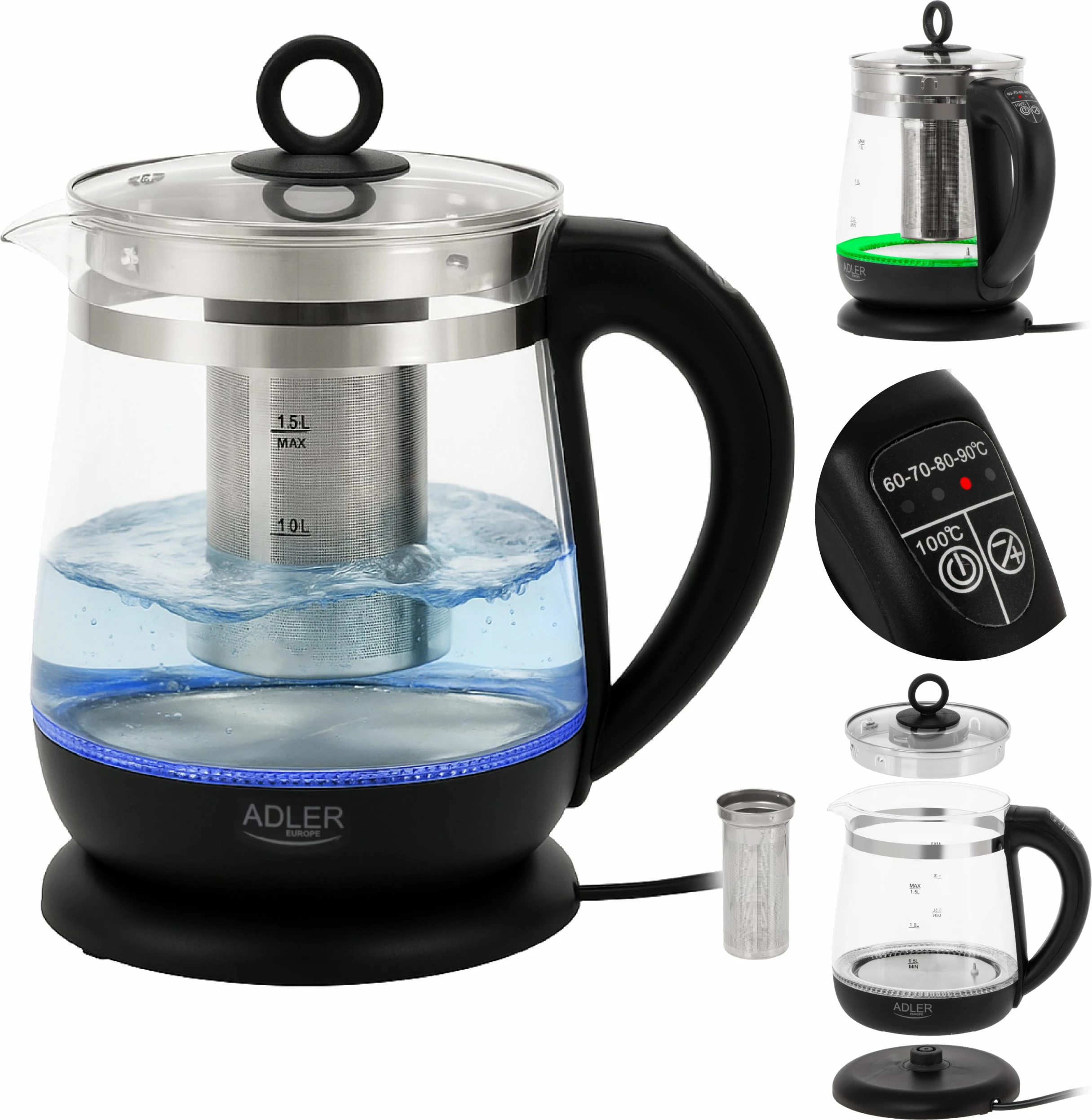 Çajnik elektrik Adler AD 1299 1.5L me kontroll temperature, qelq, infuzer, 2200W, i zi