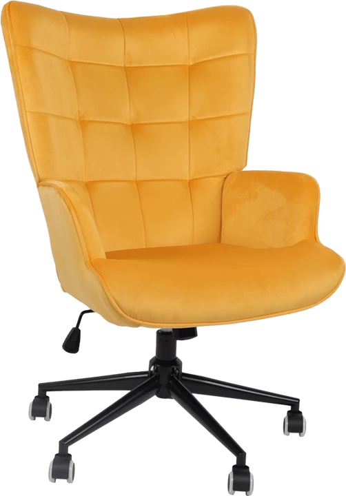 Karrige rrotulluese Lobima, kadife e verdhë, bazë e zezë, 71x68x104cm